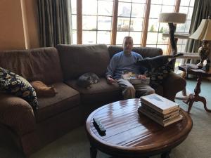 Tim with Jasper and Boo. New guy Rover thinks he can just waltz in and steal some cheese and crackers!